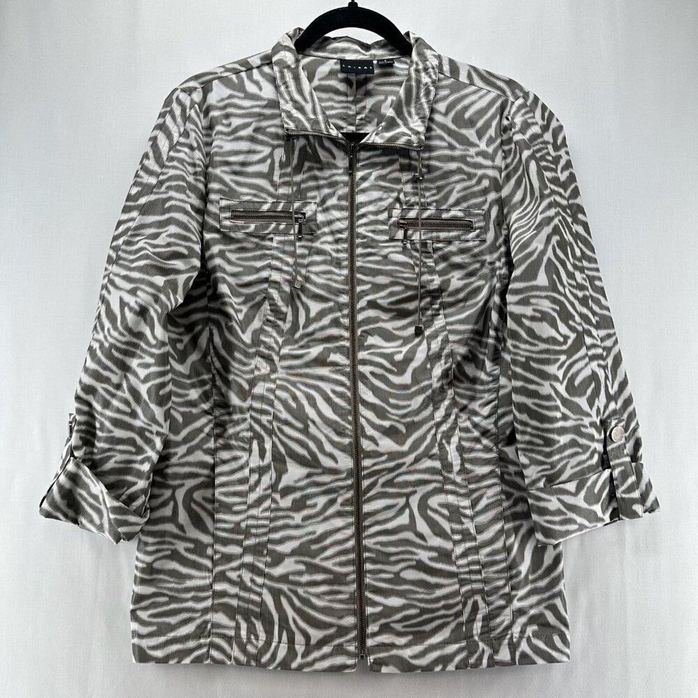 Tribal Jacket Womens Sz 8 Windbreaker Utility Zebra Print Roll Tab Sleeve Gray